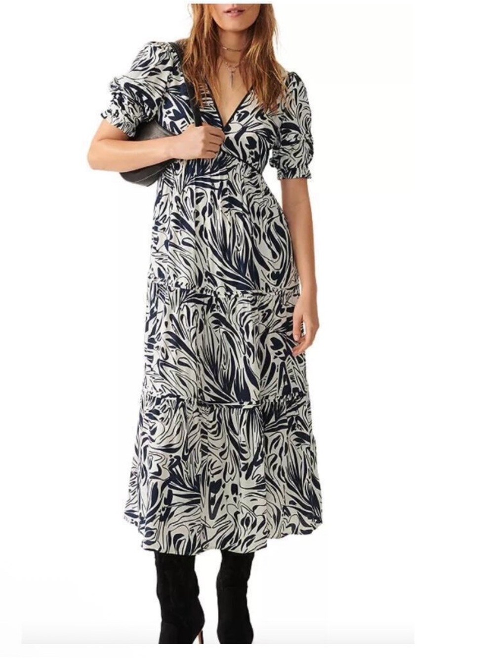 ba&sh Navy and White Abstract Print V-Neck Tiered Midi Dress